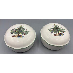 Vtg Nikko Happy Holidays Christmas Tree Lidded Bowls Trinket Dish Porcelain